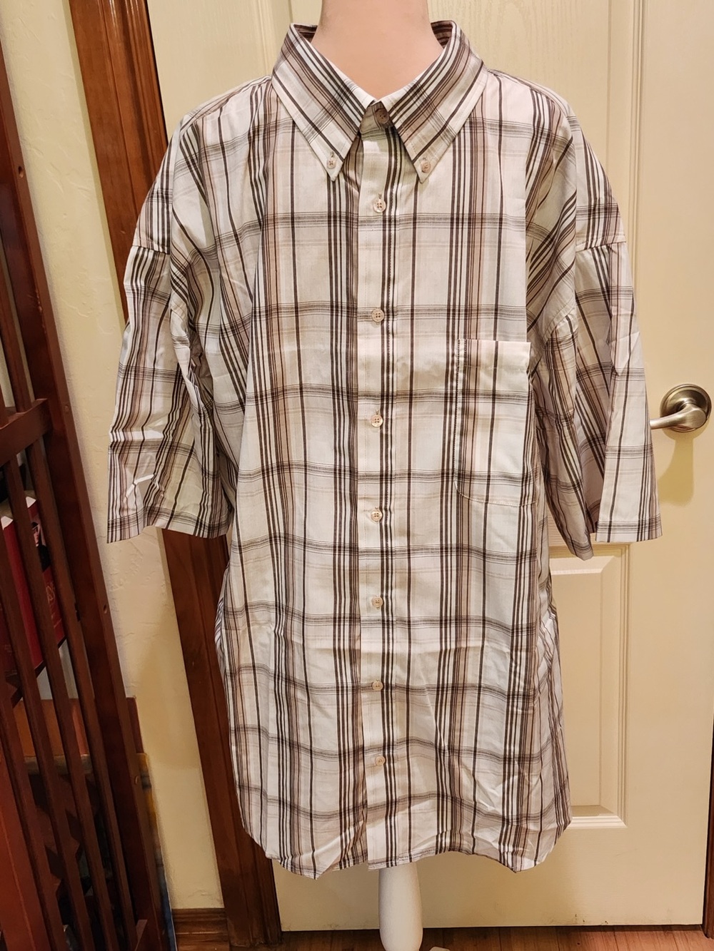 Men's 4XL Gioberti Italy White Brown Plaid Button-Down Shirt Short Sleeve - Picture 8 of 10